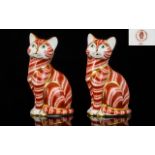 Royal Crown Derby Pair of Paperweights In The Form of Cats, Highlighted In Gold Accents.