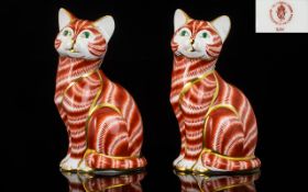 Royal Crown Derby Pair of Paperweights In The Form of Cats, Highlighted In Gold Accents.