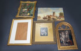 A Mixed Collection Of Prints And Artwork's Five in total to include Gothic style framed virgin and