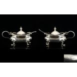 Walker and Hall Pair of Silver Mustard Pots, Complete with Blue Liners and Spoons.