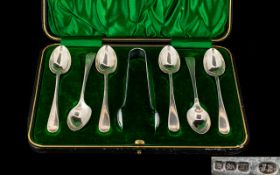 Edwardian Period Boxed Set of Six Silver Teaspoons + Matching Pair of Silver Sugar Nips.