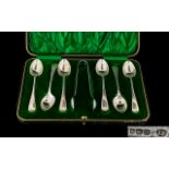 Edwardian Period Boxed Set of Six Silver Teaspoons + Matching Pair of Silver Sugar Nips.