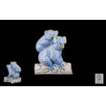 Herend - Hand Painted and Superb Blue Fishnet Porcelain Mamma and Baby Koala Bears on a Log - From