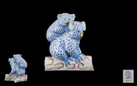 Herend - Hand Painted and Superb Blue Fishnet Porcelain Mamma and Baby Koala Bears on a Log - From