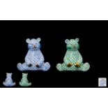Herend Superb Pair of Hand Painted Porcelain Green and Blue Fishnet Baby Bear Figures - Seated with