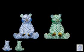 Herend Superb Pair of Hand Painted Porcelain Green and Blue Fishnet Baby Bear Figures - Seated with