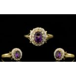 Ladies 9ct Gold Amethyst & Diamond Set Cluster Ring. Flowerhead design.