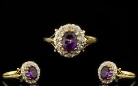 Ladies 9ct Gold Amethyst & Diamond Set Cluster Ring. Flowerhead design.