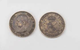 Spanish - 19th Century Alfonso XIII - First Portrait 5 Pesetas Silver Coin - Date 1888.