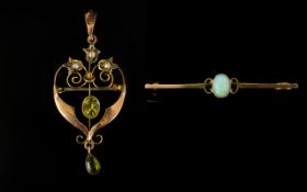A 9ct Gold And Opal Set Bar Brooch And 9ct Peridot Pendant Drop Antique, slim bar brooch, the centre