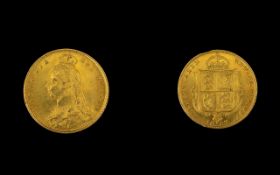 Queen Victoria 22ct Gold - Young Head - Shield Back Half Sovereign - Date 1887. London Mint & E.F.