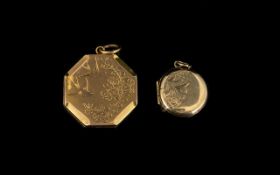 A 9ct Gold Octagonal Locket The whole with engraved floral and bird decoration.