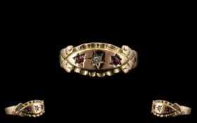 Edwardian Period Attractive 9ct Gold Ruby and Diamond Dress Ring - fully hallmarked, ring size O.