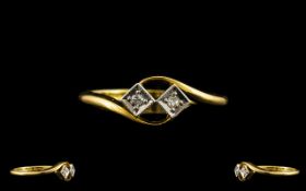 18ct Gold Two Stone Diamond Set Dress Ring - 1920's style. Fully hallmarked for 18ct. Ring size O.