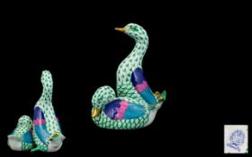 Herend - Superb Hand Painted Porcelain Pair of Green Fishnet Duck Figures. Model No 15372.