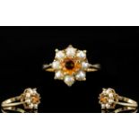 Ladies 9ct Gold - Attractive Fire Opal and Pearl Cluster Ring, Flower head Setting,