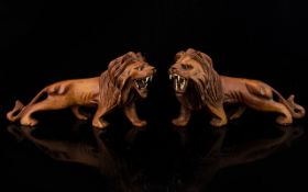 A Pair Of Antique Carved Matching Lions.