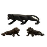 Pair Of Carved Wooden Wild Animals Each realistically carved, two in the form of Lions with bared