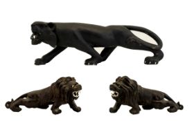 Pair Of Carved Wooden Wild Animals Each realistically carved, two in the form of Lions with bared