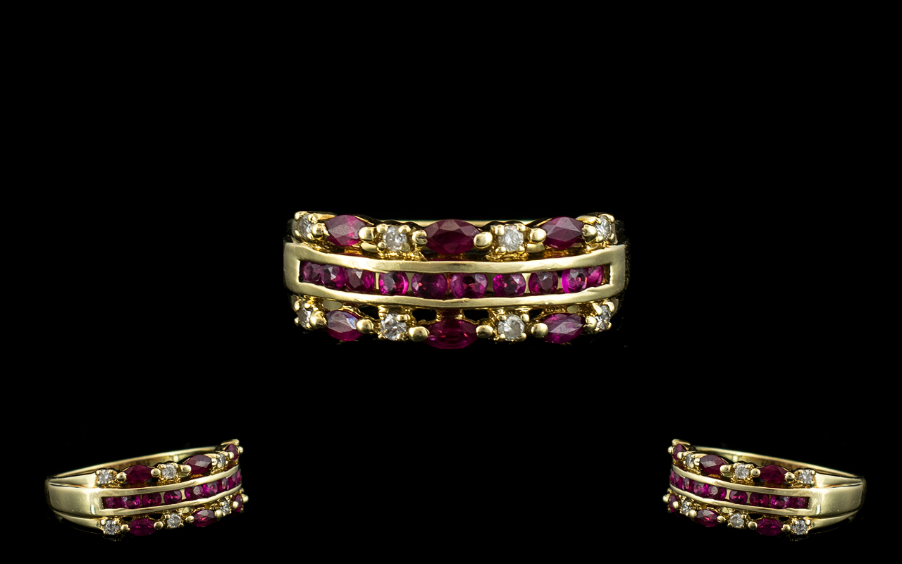 Ladies 9ct Gold Attractive Ruby and Diamond Set Dress Ring, Channel Setting.