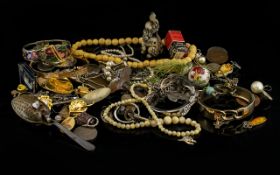 A Mixed Collection Of Costume Jewellery And Oddments To include carved bone bead necklace,