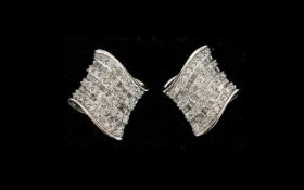 Diamond Lozenge Shape Large Stud Earrings, 1ct, each earring having four rows of round cut