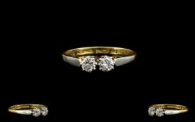 18ct Gold and Platinum - Attractive Two Stone Diamond Set Dress Ring,