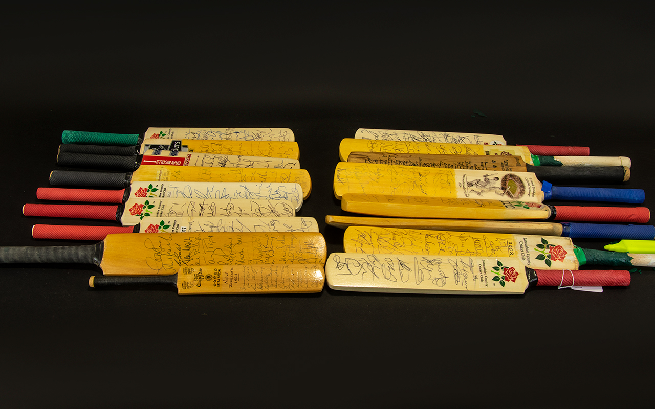 Cricket Interest - A Large Collection Of Miniature Cricket Bats 18 in total including 9 Lancashire