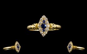 Victorian Period - Marquise Shaped Attractive 18ct Gold Sapphire and Diamond Set Ring,