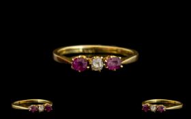 18ct Gold - Attractive 3 Stone Ruby and Diamond Dress Ring, The Two Rubies with Central Diamonds,