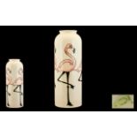 Moorcroft - Modern and Pleasing Cylindrical Shaped Tubelined Vase ' Pink Flamingos ' Pattern on