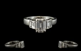 Ladies Platinum - Attractive Contemporary Designed Emerald Cut Diamond Set Dress Ring,