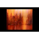 Heinz-Jürgen Menzinger Oil On Canvas, Modernist New York Cityscape, 'Red City'. 32 x 39 Inches. Very