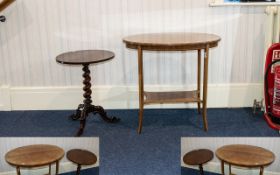 Antique Oval Occasional Table. Ribbon inlay to top, gallery stretcher.