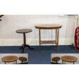 Antique Oval Occasional Table. Ribbon inlay to top, gallery stretcher.