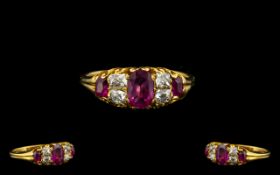 Antique Period - 18ct Gold Attractive Ruby and Diamond Ring, Gypsy Setting. c.1900.