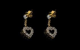 Pair Of 9ct Gold Diamond Earrings Small open heart shaped drops, fully hallmarked, please see image