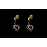 Pair Of 9ct Gold Diamond Earrings Small open heart shaped drops, fully hallmarked, please see image