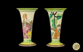 Clarice Cliff Hand Painted 1930's Trumpet Shaped Vase ' Alton ' Brown Design - Bizarre Range. c.