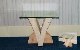 A Modern Continental Occasional Table Bevelled glass table with brick and marble effect V-Form