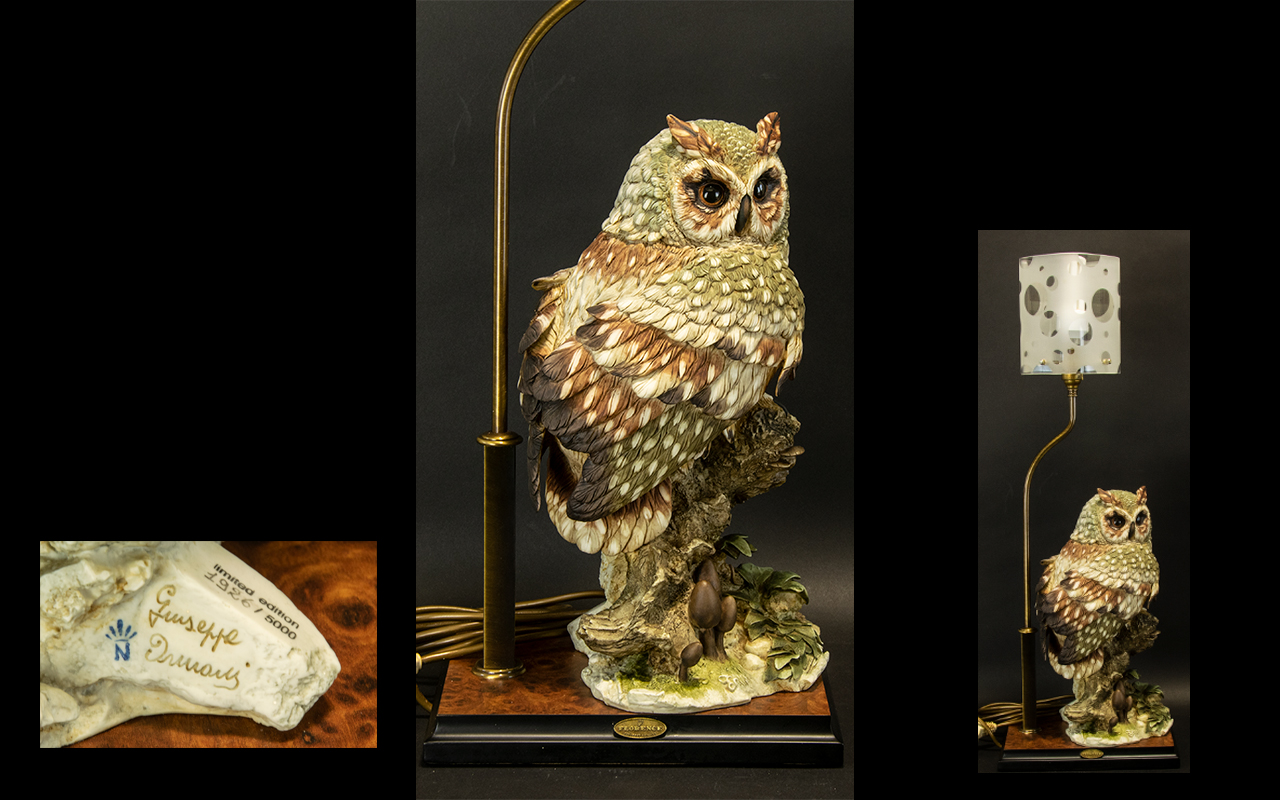 Giuseppe Armani Capo-Di-Monte Tall and Superb Ltd and Numbered Edition Figural Barn Owl Lamp Base,
