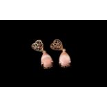 Pink Opal Solitaire Drop Earrings, pear cut solitaires of pink opal with natural banding,
