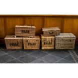 A Collection Of 6 Vintage Wicker Picnic Baskets vary in sizes and shapes, each of traditional form,