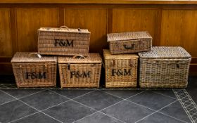 A Collection Of 6 Vintage Wicker Picnic Baskets vary in sizes and shapes, each of traditional form,