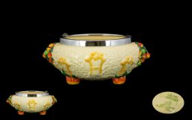 Clarice Cliff Handpainted Celtic Harvest Pattern Chrome Mounted Footed Bowl Circa 1930's from the