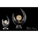 Daum Mid Century Moulded Crystal Crescent Form Clock Raised on square base,