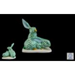 Herend - Hand Painted Large Porcelain Figure of a Pair of Green Fishnet Long Ear Rabbits.