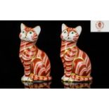 Royal Crown Derby Pair of Paperweights In The Form of Cats, Highlighted In Gold Accents. Dates 1991,