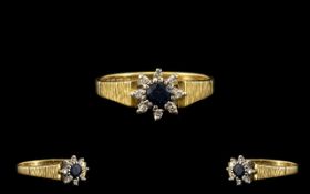 18ct Yellow Gold Sapphire and Diamond Set Cluster Ring, Flower head Setting, Starburst Design.