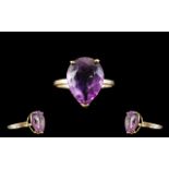 9ct Gold - Large Pear Shaped Amethysts Set Dress Ring,